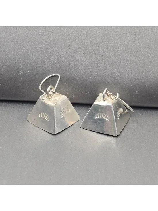Vintage Southwestern Mother In Law Bell Dangle Earrings 1" Stamped Design - Picture 9 of 9
